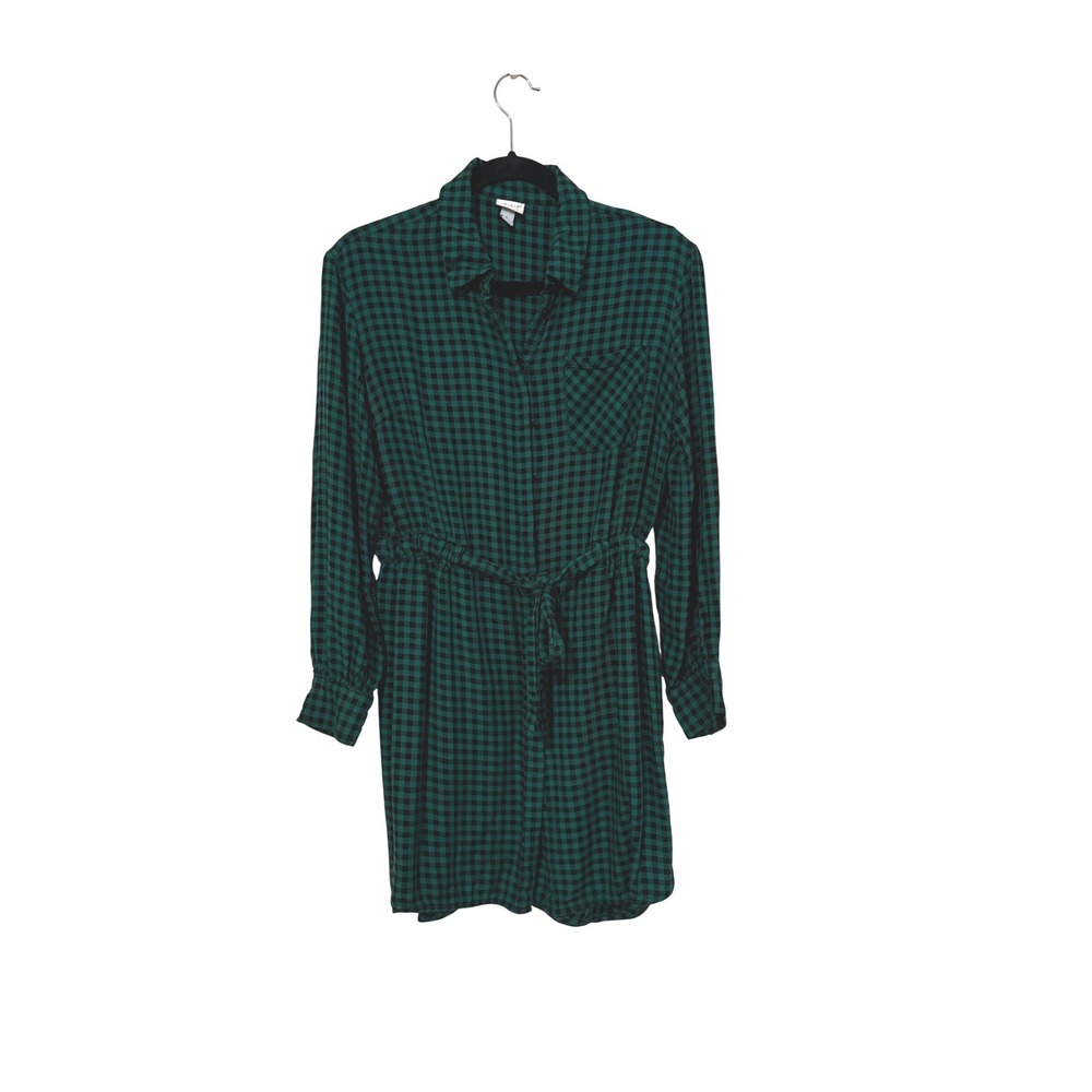 A New Day Green Black Gingham Plaid Tie Waist Shirt Dress Size L
